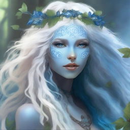 Create an image of a blue-skinned air genasi woman with long, curly white hair