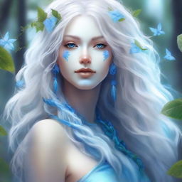 Create an image of a blue-skinned air genasi woman with long, curly white hair