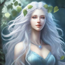 Create an image of a light blue-skinned air genasi woman with long, curly white hair