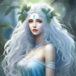 Create an image of a light blue-skinned air genasi woman with long, curly white hair