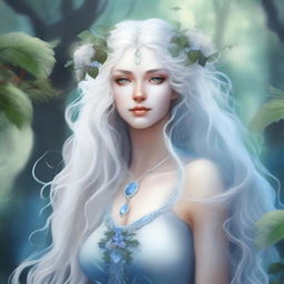 Create an image of a light blue-skinned air genasi woman with long, curly white hair