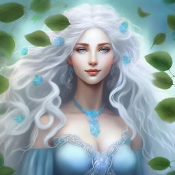 Create an image of a light blue-skinned air genasi woman with long, curly white hair