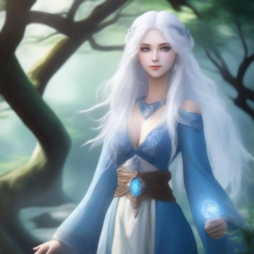 A blue-skinned air genasi woman with long, curly white hair