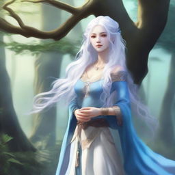 A blue-skinned air genasi woman with long, curly white hair