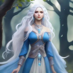 A blue-skinned air genasi woman with long, curly white hair