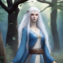 A blue-skinned air genasi woman with long, curly white hair