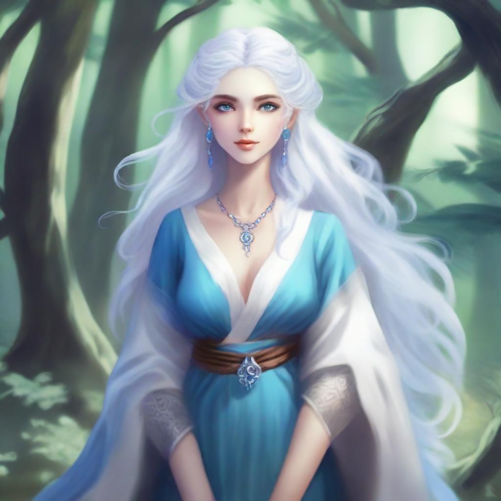 A blue-skinned air genasi woman with long, curly white hair