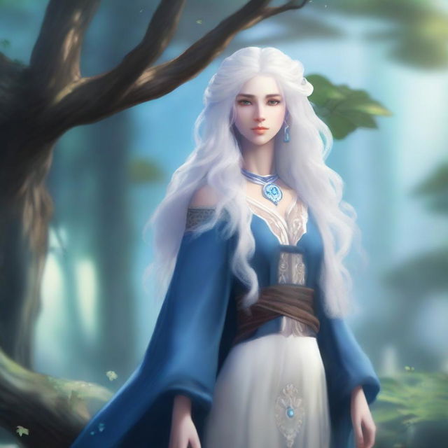 A blue-skinned air genasi woman with long, curly white hair