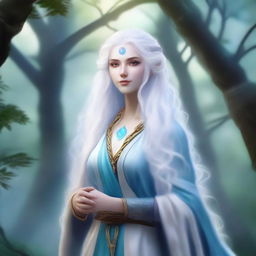 A blue-skinned air genasi woman with long, curly white hair