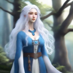 A blue-skinned air genasi woman with long, curly white hair