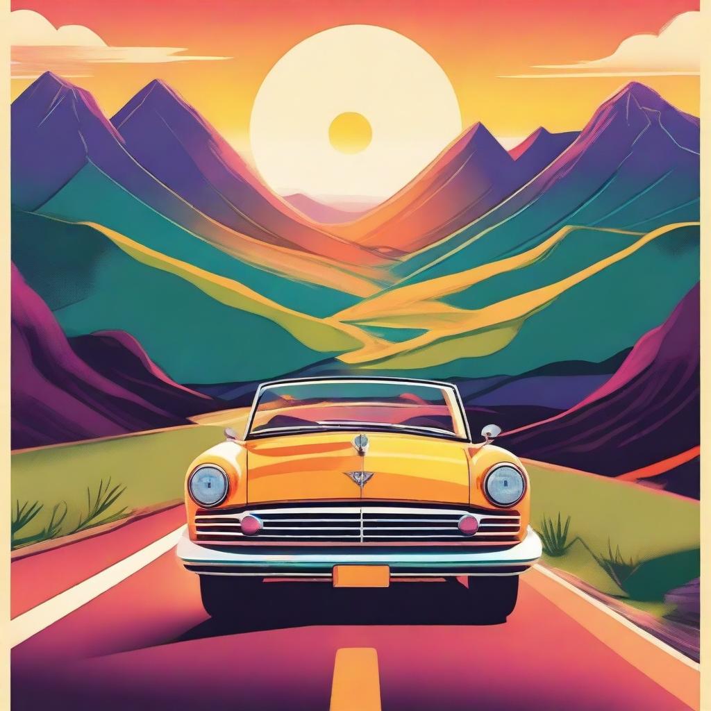 A vibrant and adventurous movie poster depicting a road trip