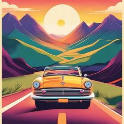 A vibrant and adventurous movie poster depicting a road trip