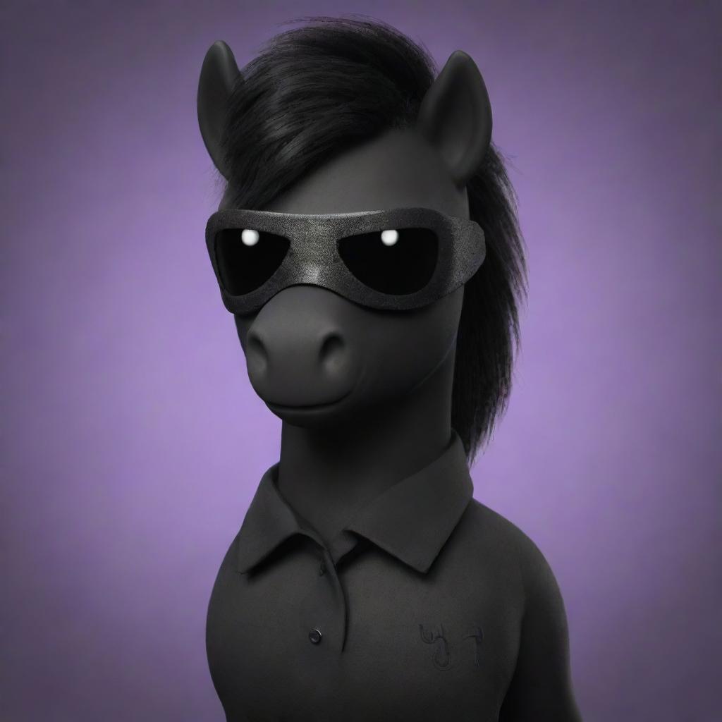 A cartoon-like, animated masculine dark pony wearing a black blindfold, rendered in a realistic manner but in the style of the My Little Pony animated series.