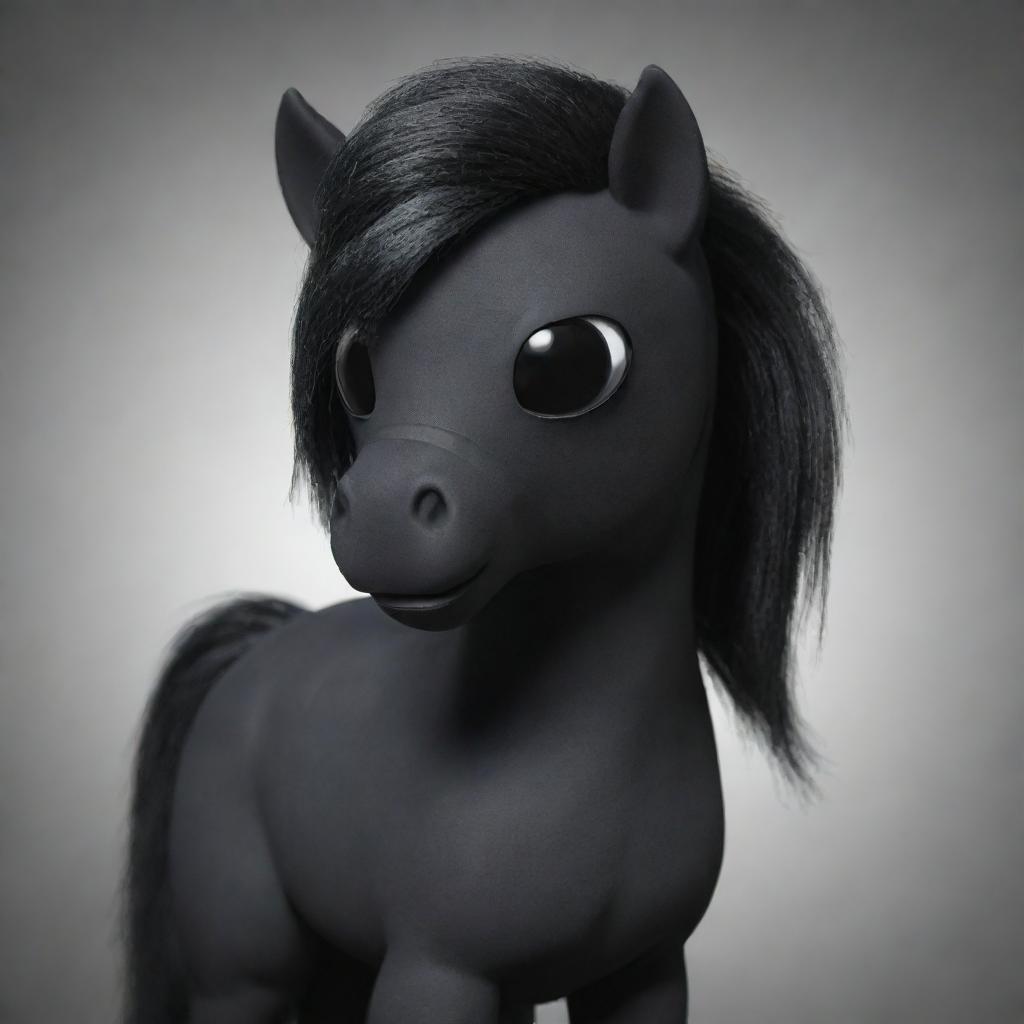 A cartoon-like, animated masculine dark pony wearing a black blindfold, rendered in a realistic manner but in the style of the My Little Pony animated series.