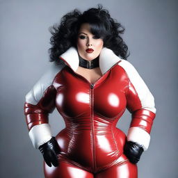 A mature-themed image of a woman with a voluptuous figure wearing a tight latex corset and a sexy puffer jacket