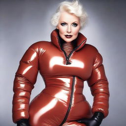 A mature-themed image of a woman wearing a tight latex corset and a sexy puffer jacket