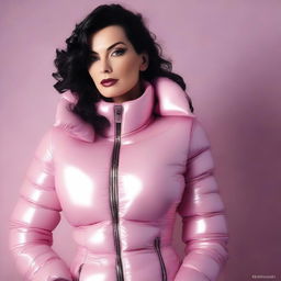 A mature-themed image of a woman wearing a tight latex corset and a sexy puffer jacket