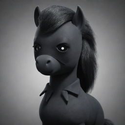 A cartoon-like, animated masculine dark pony wearing a black blindfold, rendered in a realistic manner but in the style of the My Little Pony animated series.