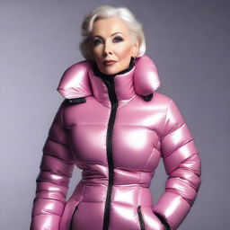 A mature-themed image of an attractive woman wearing a tight latex corset and a stylish puffer jacket