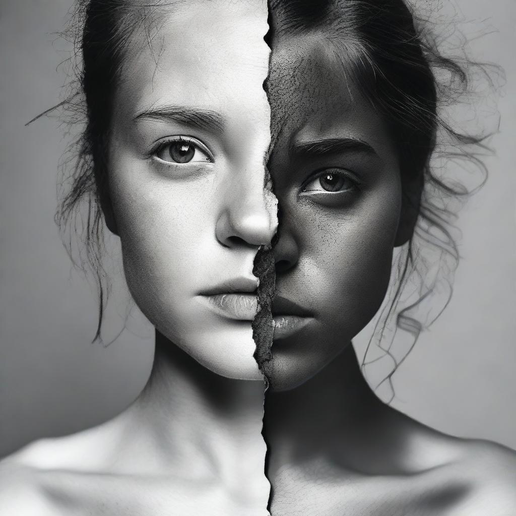 Create an image of a girl with one half of her face looking fierce and the other half crying