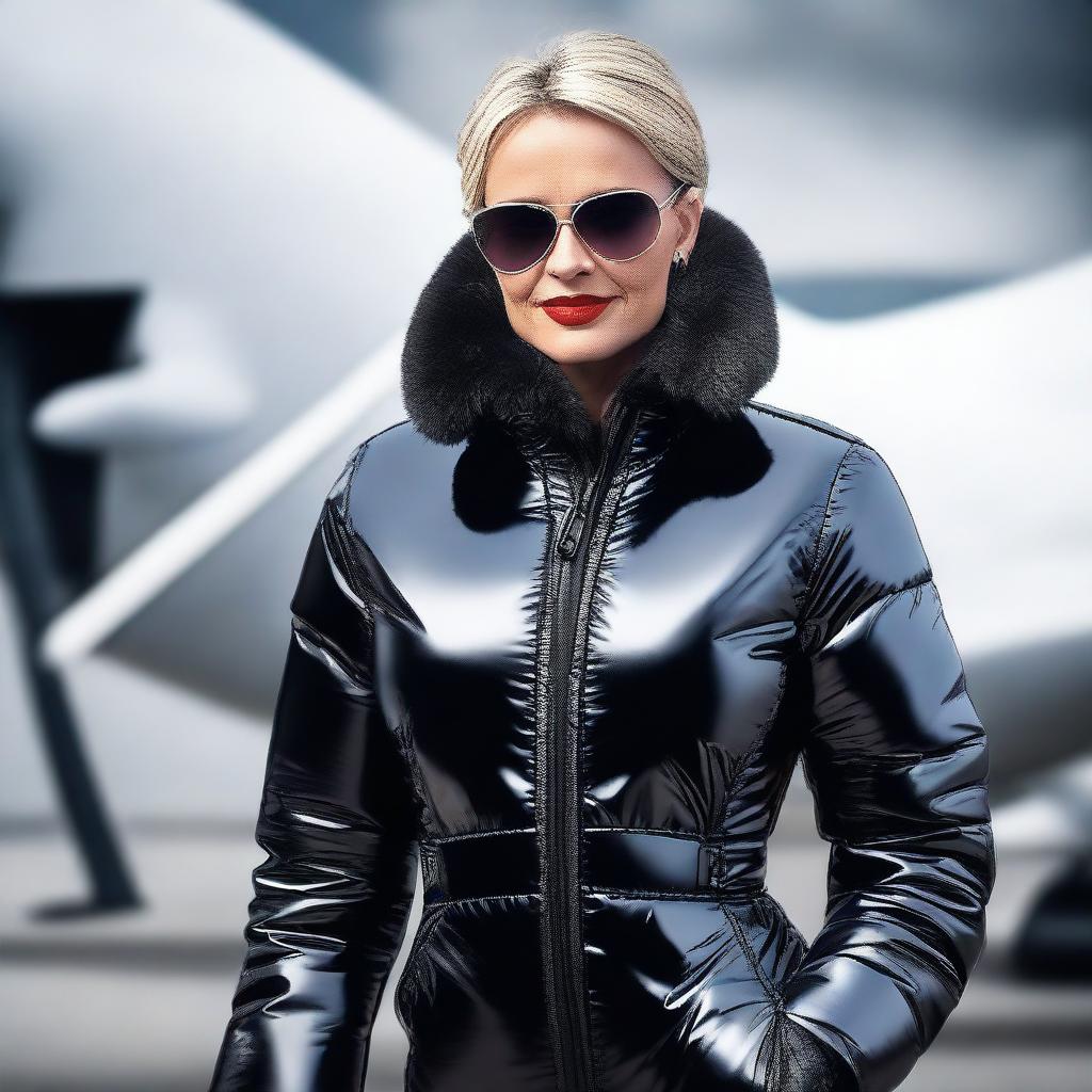 A mature-themed image of an attractive female pilot dressed in a tight, black, shiny, and sexy puffer suit