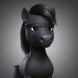 A cartoon-like, animated masculine dark pony wearing a black blindfold, rendered in a realistic manner but in the style of the My Little Pony animated series.