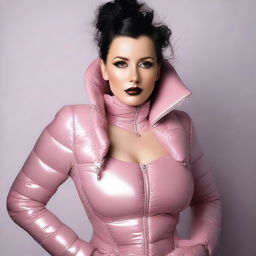 A mature-themed image of an attractive 25-year-old woman wearing a tight latex corset and a sexy puffer jacket