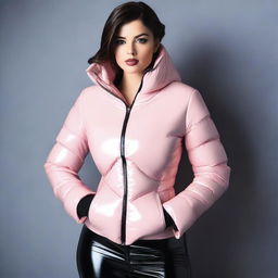 A mature-themed image of an attractive 25-year-old woman wearing a tight latex corset and a stylish, sexy puffer jacket