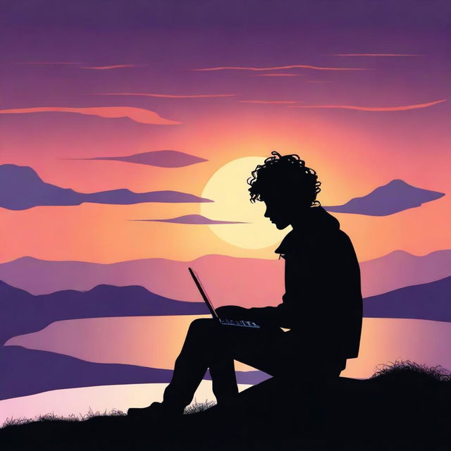 A black silhouette of a teenager with wavy hair using a laptop, programming with their back facing the sunset, almost night time