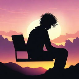 A black silhouette of a teenager with wavy hair using a laptop, programming with their back facing the sunset, almost night time