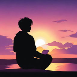 A black silhouette of a teenager with wavy hair using a laptop, programming with their back facing the sunset, almost night time