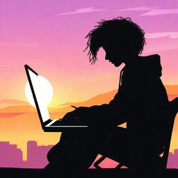 A black silhouette of a teenager with wavy hair using a laptop, programming with their back facing the sunset, almost night time