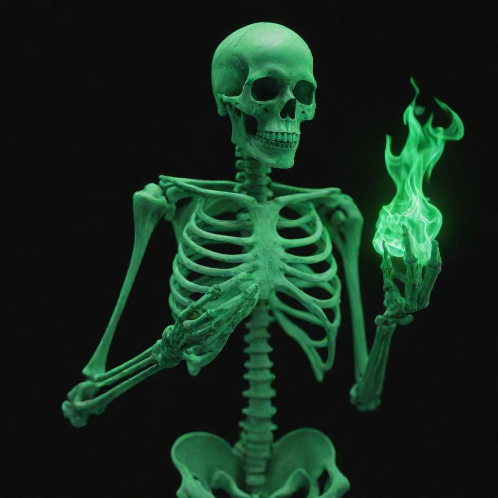 A skeleton holding green fire in its hands