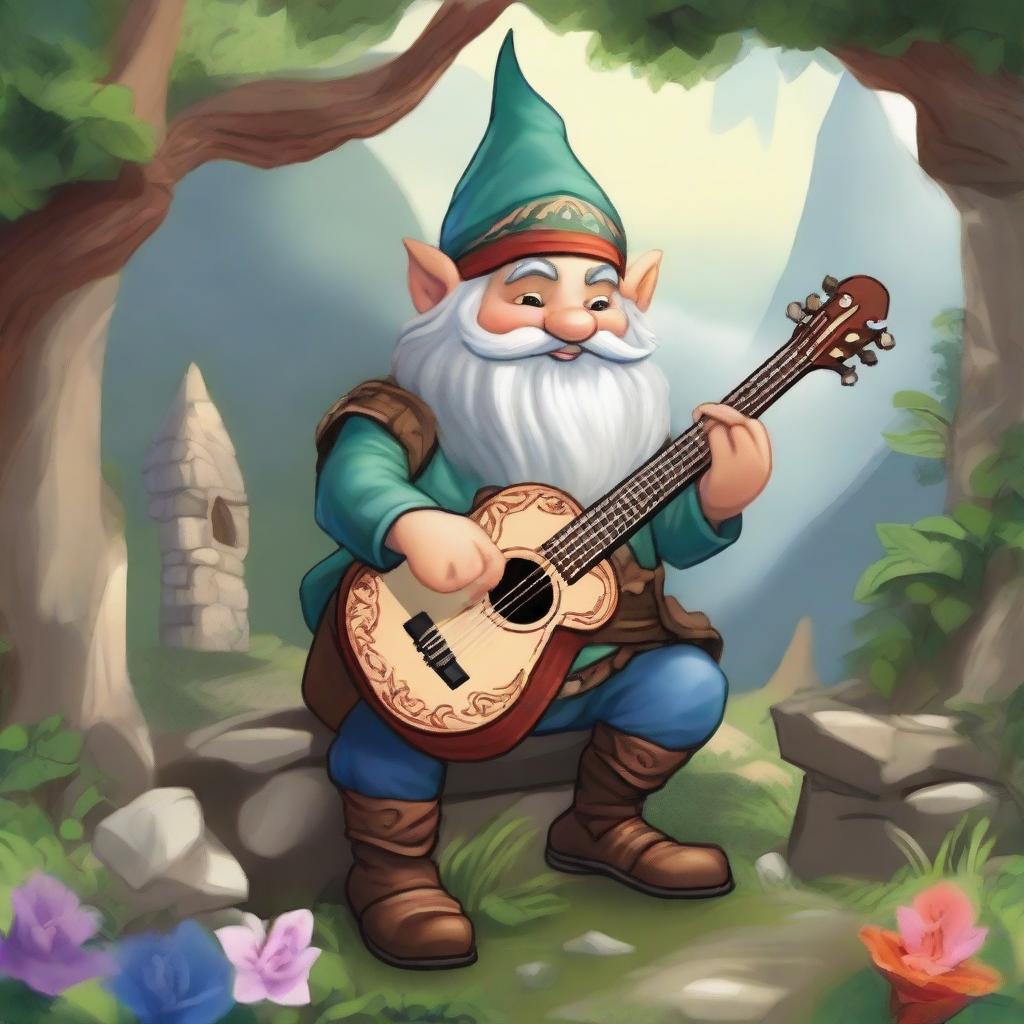 A detailed illustration of a Dungeons and Dragons gnome bard