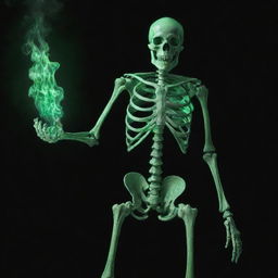 A skeleton holding green fire in its hands