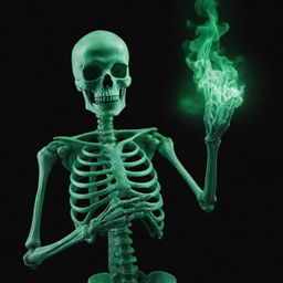 A skeleton holding green fire in its hands