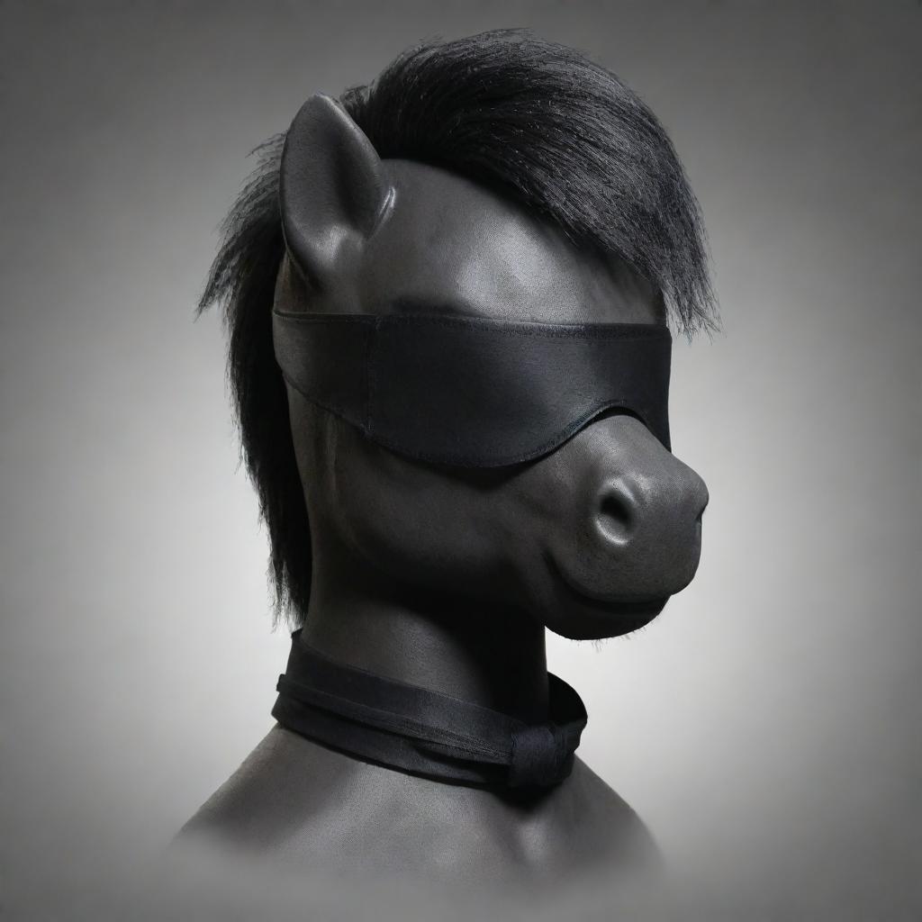 A masculine dark pony wearing a black bandage blindfold, designed like a cartoon but with a realistic feel, in the style of the My Little Pony animated series.