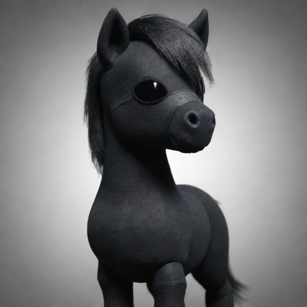 A masculine dark pony wearing a black bandage blindfold, designed like a cartoon but with a realistic feel, in the style of the My Little Pony animated series.