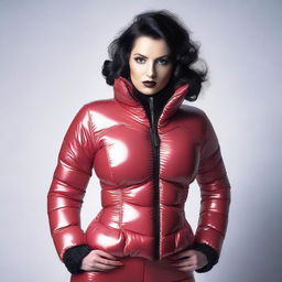 A mature-themed image of an attractive 25-year-old woman wearing a tight latex corset and a stylish, sexy puffer jacket