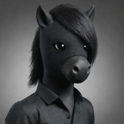 A masculine dark pony wearing a black bandage blindfold, designed like a cartoon but with a realistic feel, in the style of the My Little Pony animated series.