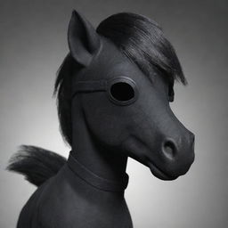 A masculine dark pony wearing a black bandage blindfold, designed like a cartoon but with a realistic feel, in the style of the My Little Pony animated series.