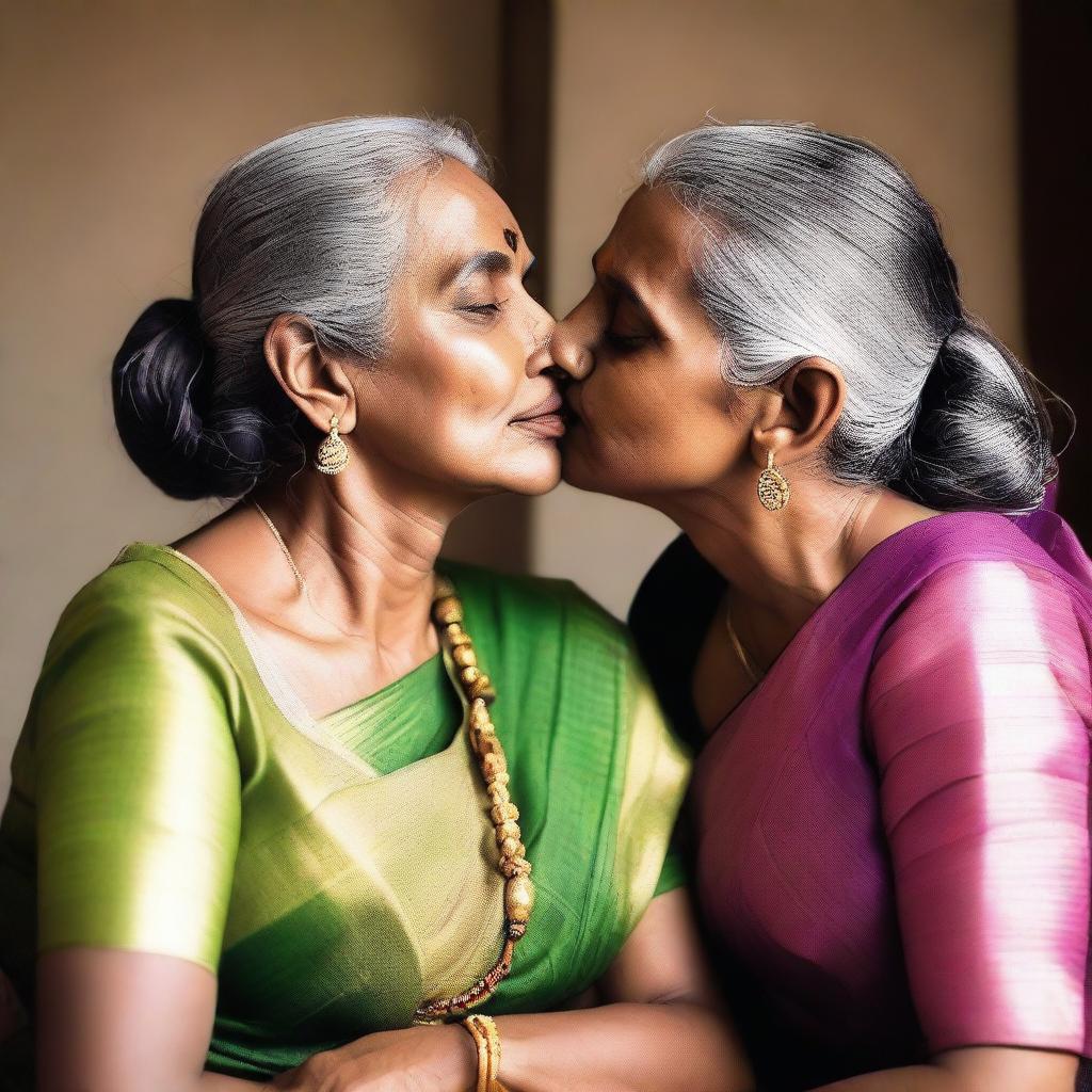 A mature woman with greying hair, dressed in a traditional saree with a revealing blouse, sitting on a young man's lap and kissing him on the mouth