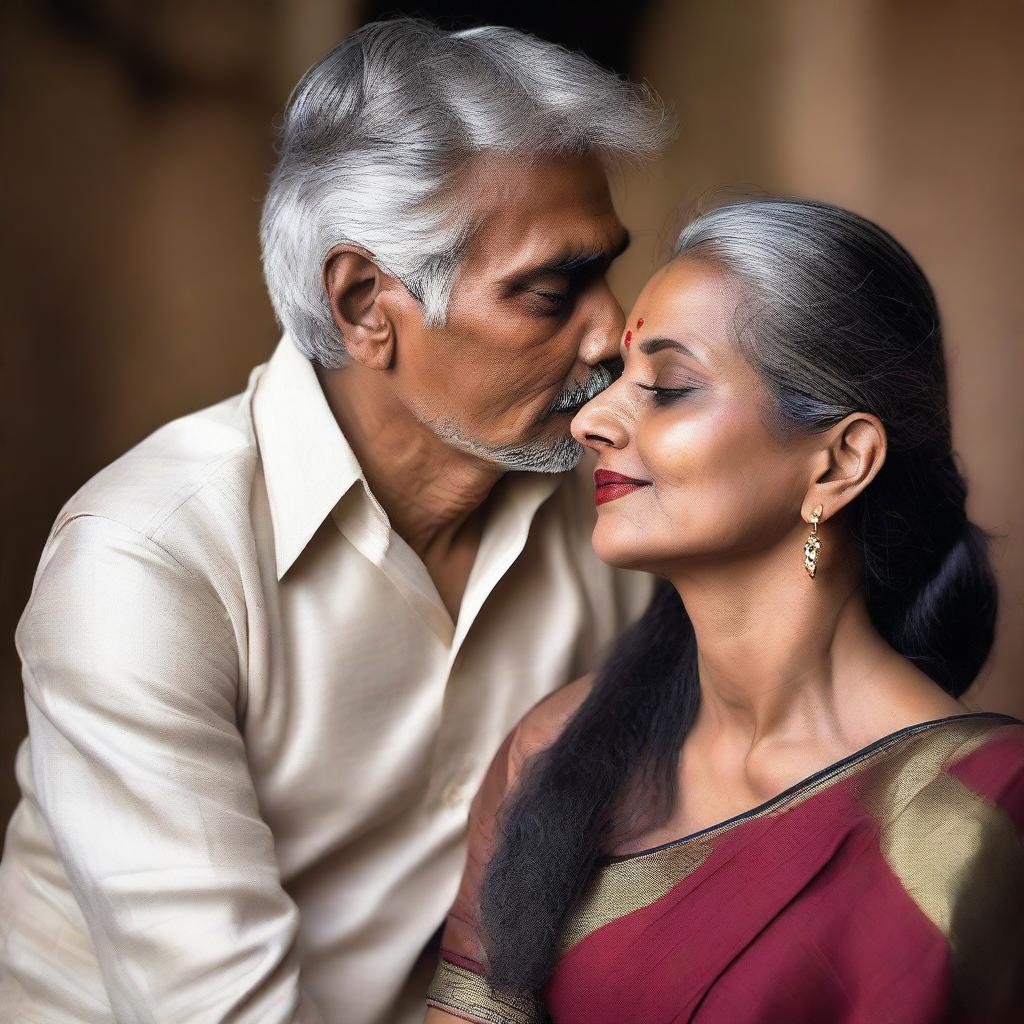 A mature woman with greying hair, dressed in a traditional saree with a revealing blouse, sitting on a young man's lap and kissing him on the mouth