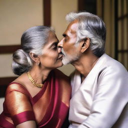 A mature woman with greying hair, dressed in a traditional saree with a revealing blouse, sitting on a young man's lap and kissing him on the mouth