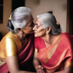 A mature woman with greying hair, dressed in a traditional saree with a revealing blouse, sitting on a young man's lap and kissing him on the mouth