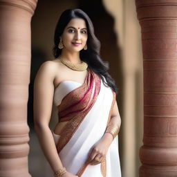 A white woman with a curvy figure wearing a traditional Indian saree without a blouse