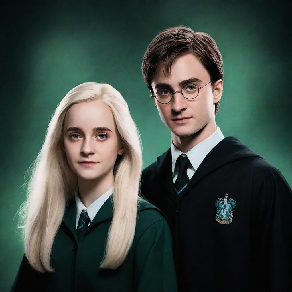 A stylized portrait of Harry Potter and Aurora Malfoy standing side by side, showcasing their unique character traits and commonality through attention to detail and symbolism.