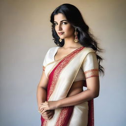 A white woman with a curvy figure wearing a traditional Indian saree without a blouse