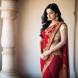 A white woman with a curvy figure wearing a traditional Indian saree without a blouse