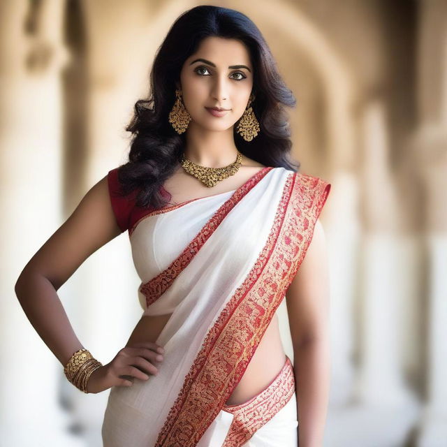 A white woman with a curvy figure wearing a traditional Indian saree without a blouse